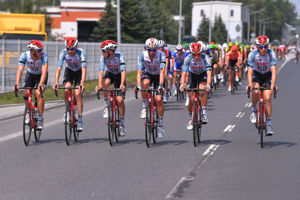 The Lotto Soudal team ride on the front of the Tour de Pologne peloton to remember Bjorg Lambrecht