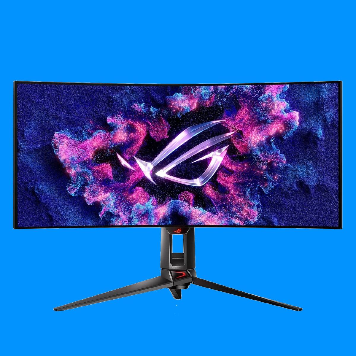 Asus ROG Swift OLED PG34WCDM gaming monitor on a blue background