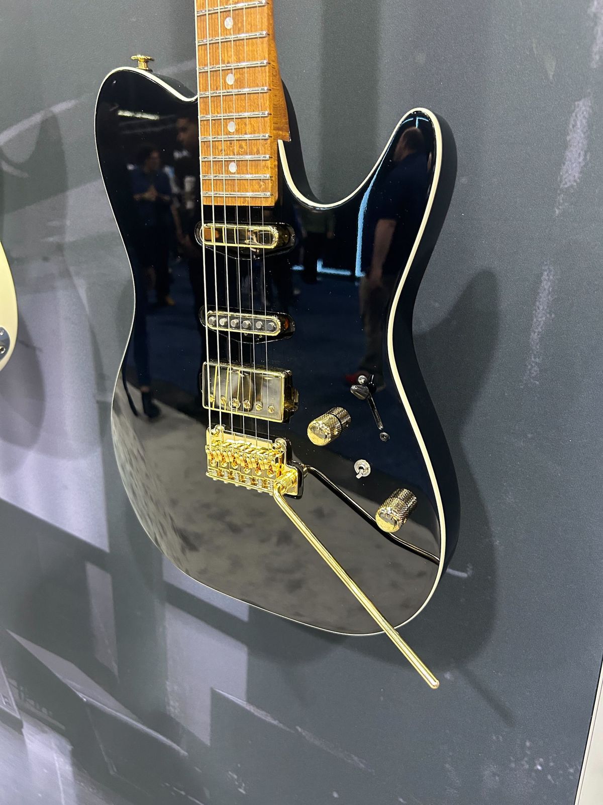 Seven of the guitars on display at Ibanez's booth at the 2025 NAMM Show in Anaheim, California