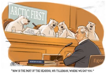 Political Cartoon U.S. Polar Bears questioning Tillerson