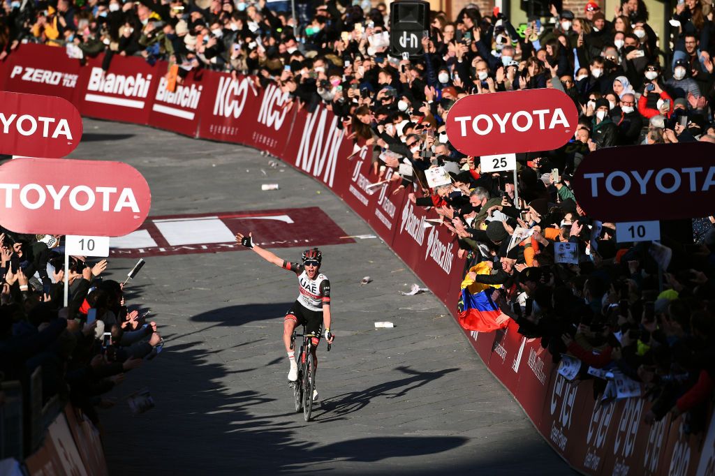 SIENA ITALY MARCH 05 Tadej Pogacar of Slovenia and UAE Team Emirates celebrates winning during the Eroica 16th Strade Bianche 2022 Mens Elite a 184km one day race from Siena to Siena Piazza del Campo 321m StradeBianche WorldTour on March 05 2022 in Siena Italy Photo by Tim de WaeleGetty Images