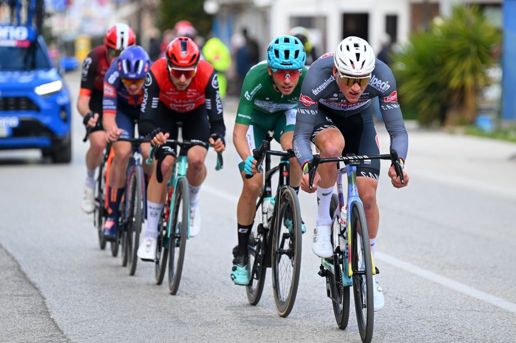 SAN BENEDETTO DEL TRONTO ITALY MARCH 16 Mathieu Van Der Poel of The Netherlands and Team Alpecin Deceuninck competes in the breakaway during the 60th TirrenoAdriatico 2025 Stage 8 a 147km stage from Porto Potenza Picena to San Benedetto del Tronto UCIWT on March 16 2025 in San Benedetto del Tronto Italy Photo by Tim de WaeleGetty Images