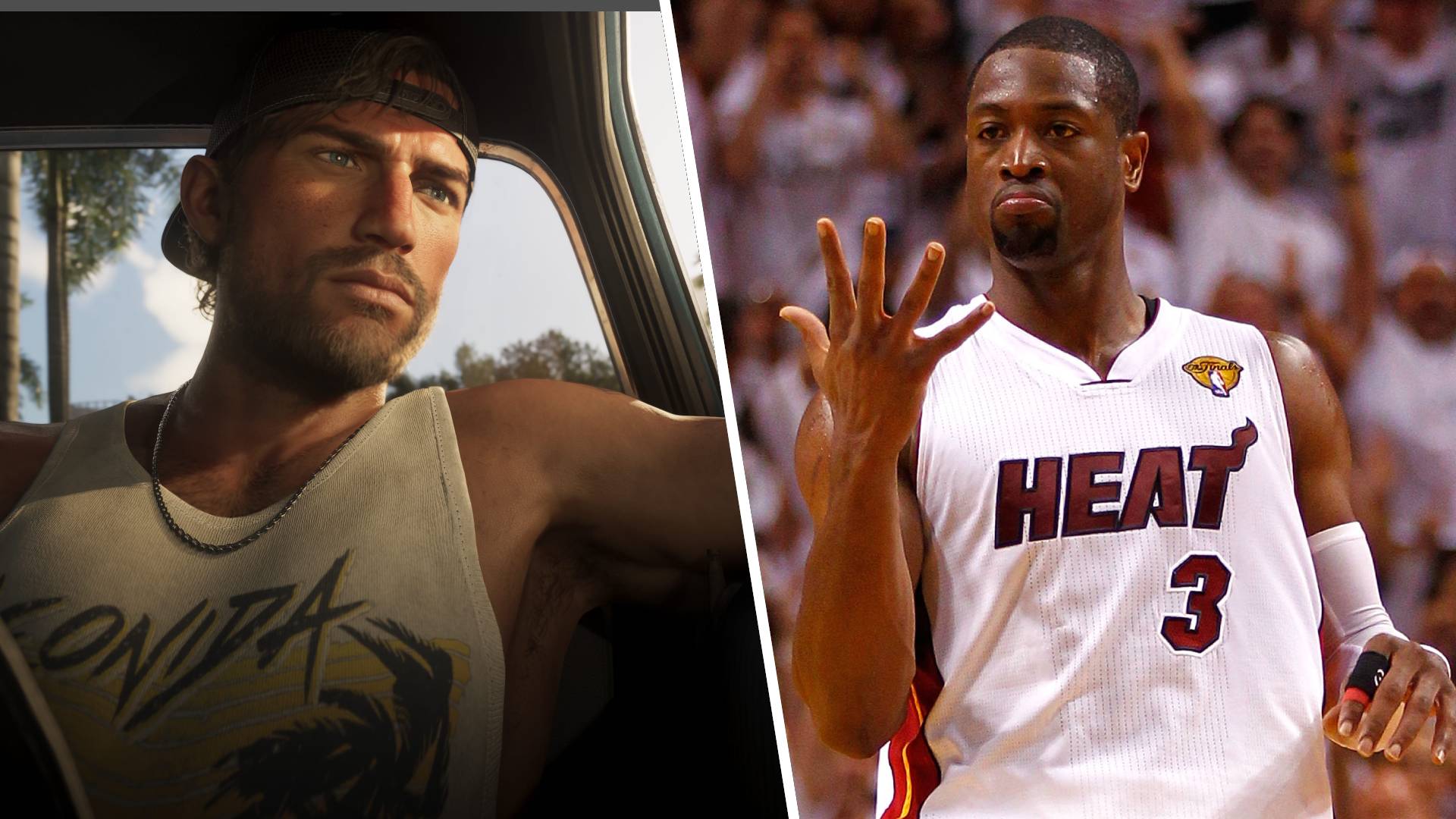 Left: Jason from GTA 6 looking pensive in a car. Right: Dwyane Wade #3 of the Miami Heat reacts after he made a 3-point basket in the second half against James Harden #13 of the Oklahoma City Thunder in Game Four of the 2012 NBA Finals on June 19, 2012 at American Airlines Arena in Miami, Florida.