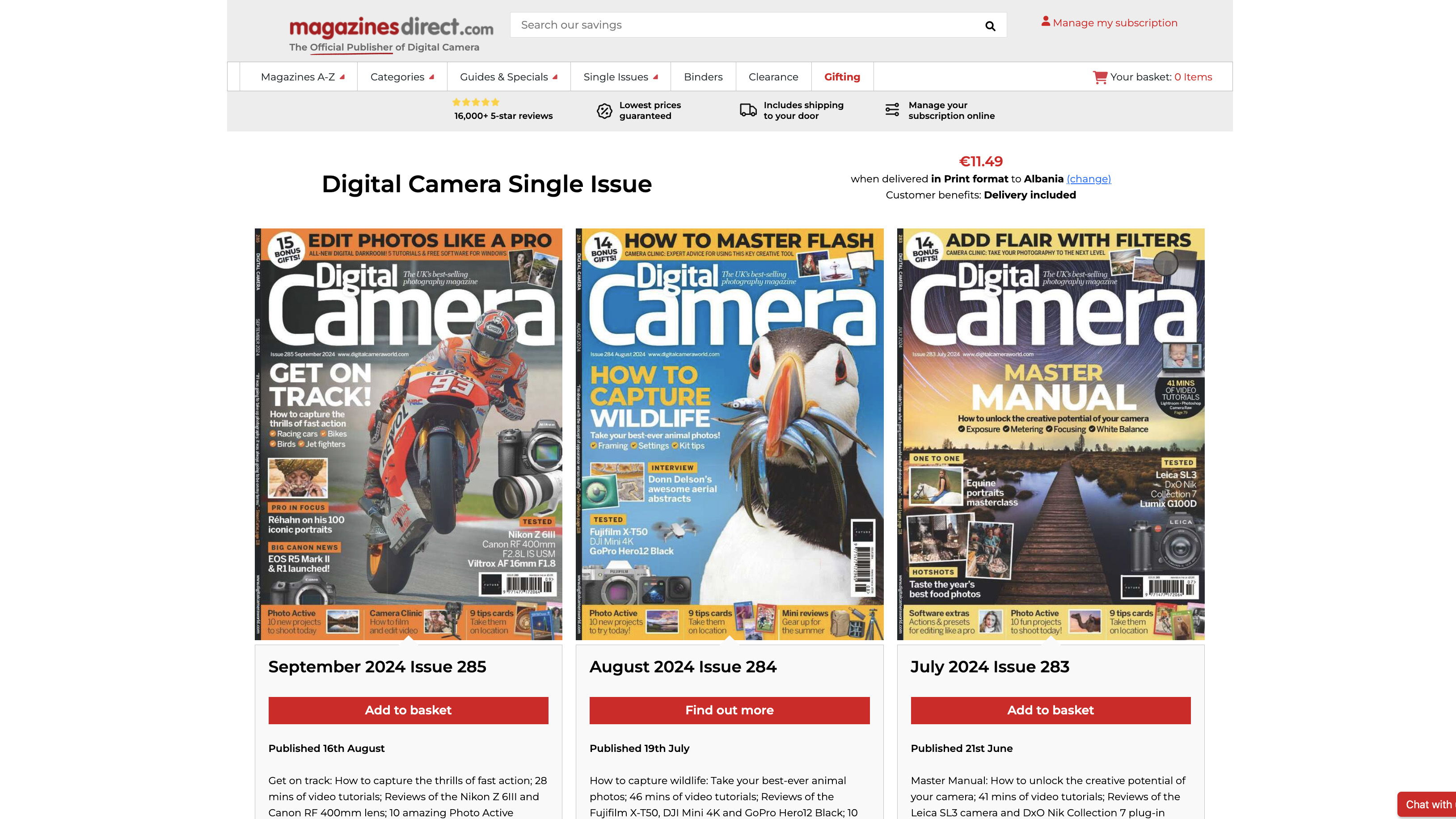 Landing page for digital camera magazine subscriptions at www.magazinesdirect.com