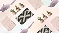 A pastel pink graphic with selection of eco-friendly dorm essentials