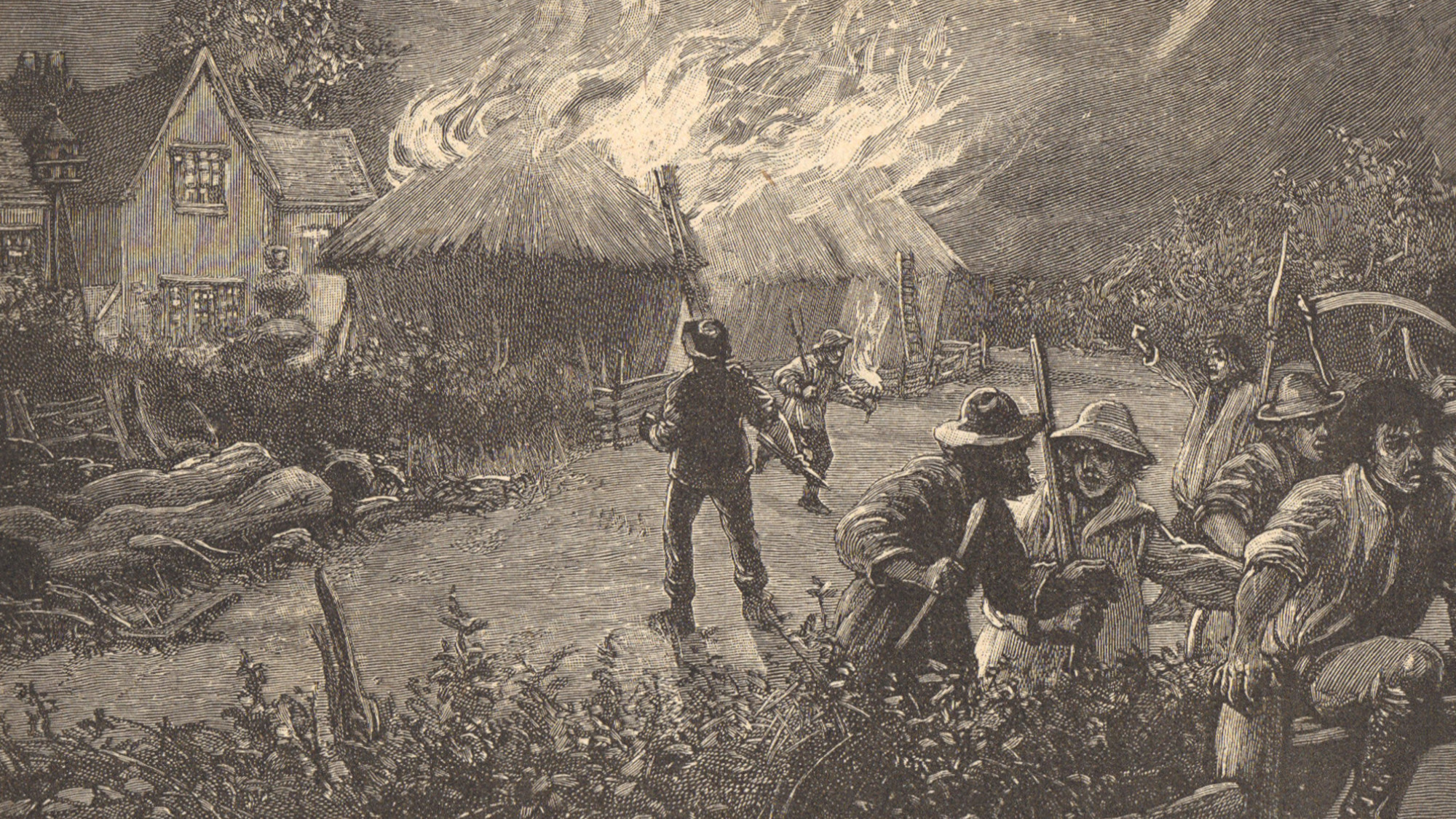 An 1890 engraving of rural agricultural 'luddite' workers in england burning a farm at night