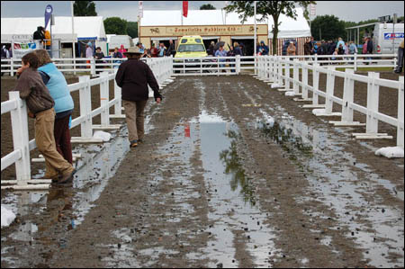 The all-weather arena at the Royal Show struggles to cope with the rain. Photo by Mandy Hughes