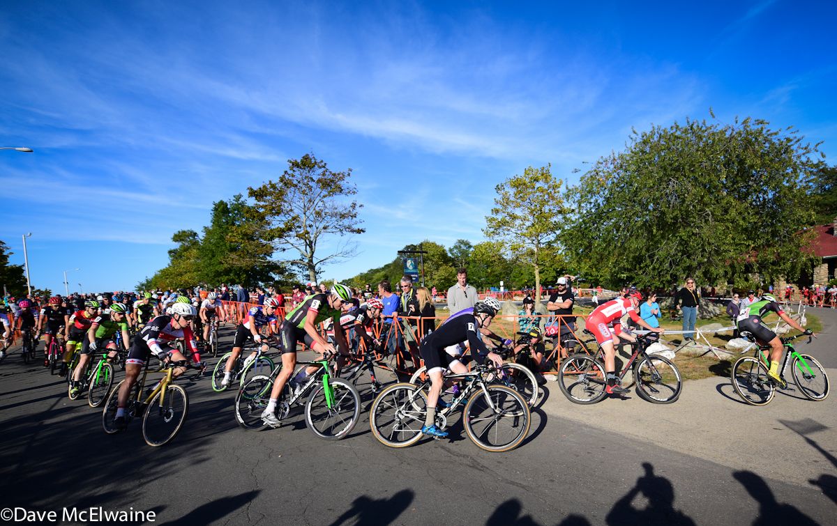 Curtis White (Cannondale) takes the hole-shot as the men leave the pavement