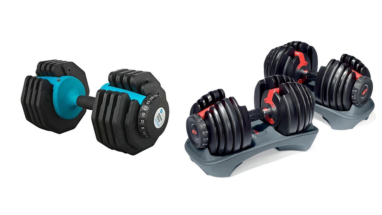 Bowflex Selecttech vs Men&#039;s Health Adjustable Dumbbell: Pictured here, Men&#039;s Health Adjustable Dumbbells on white backgropund (left) and Bowflex SelectTech Adjustbale Dumbbell on white background (right)