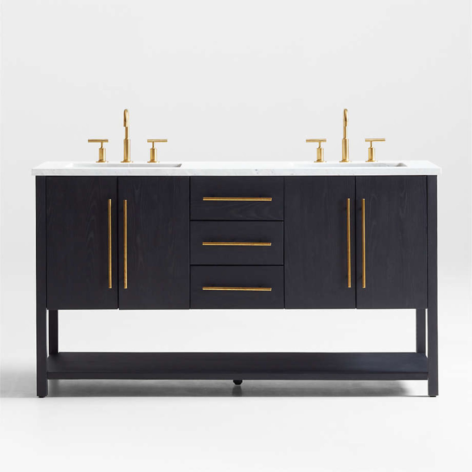 Carmen 60 White Marble Top Double Sink Black Ash Wood Vanity with Shelf