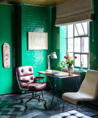 laquered walls in green home office