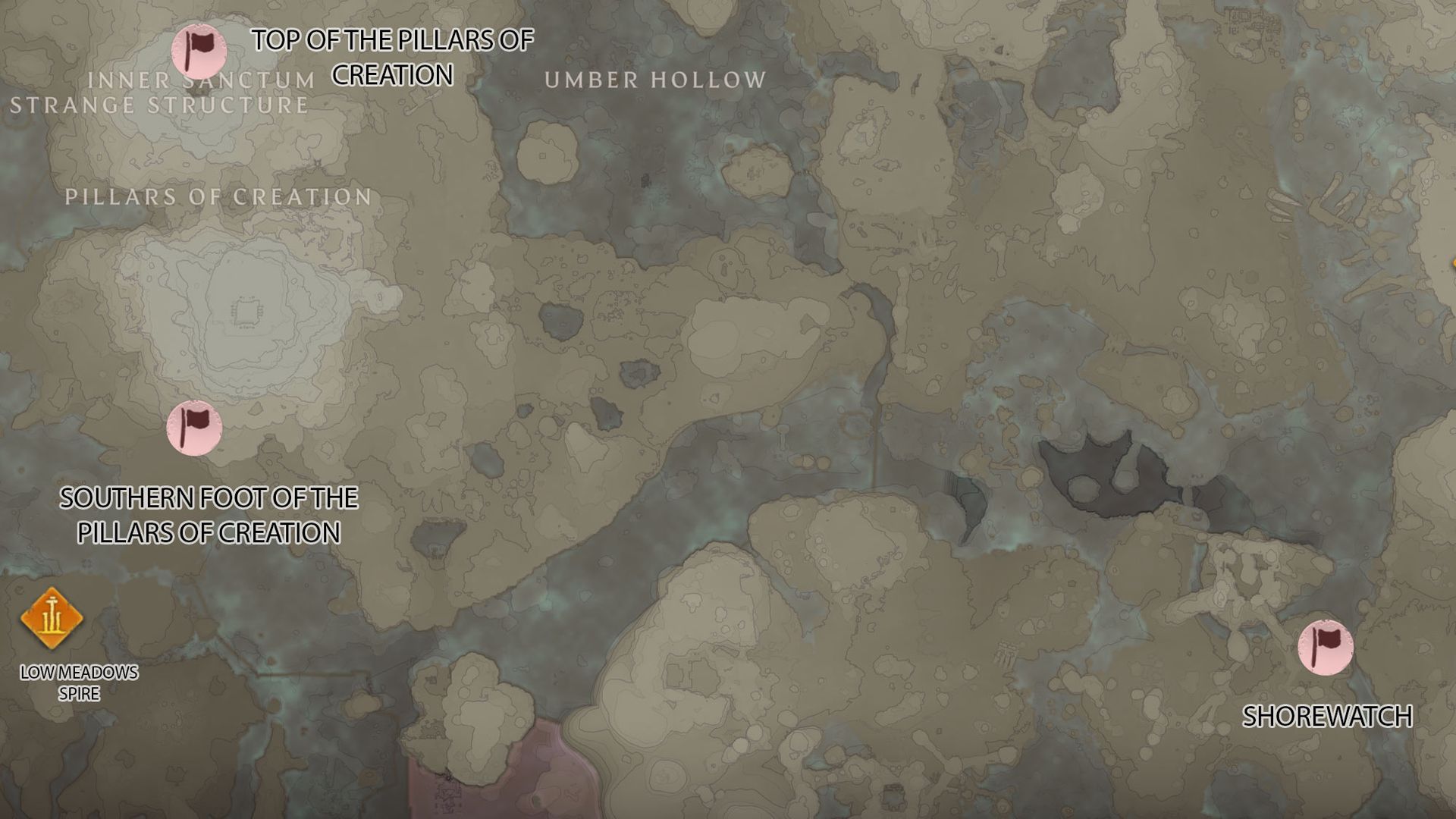 Enshrouded map highlighting base locations in Kindlewastes