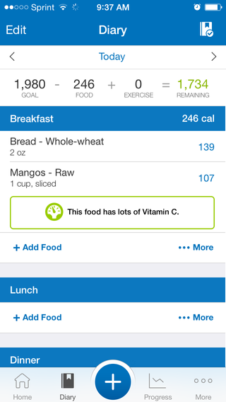 The MyFitnessPal app shows you a running today of the day's calories.