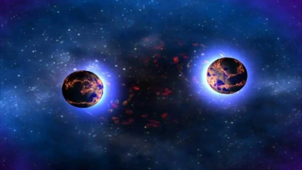 An artist's depiction of two neutron stars shortly before merging. It looks like two bright brownish circles against a space background.