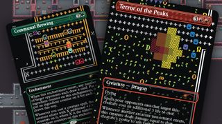 A pair of cards from the Secret Lair x Dwarf Fortress: Create New World set against a screenshot from Dwarf Fortress.