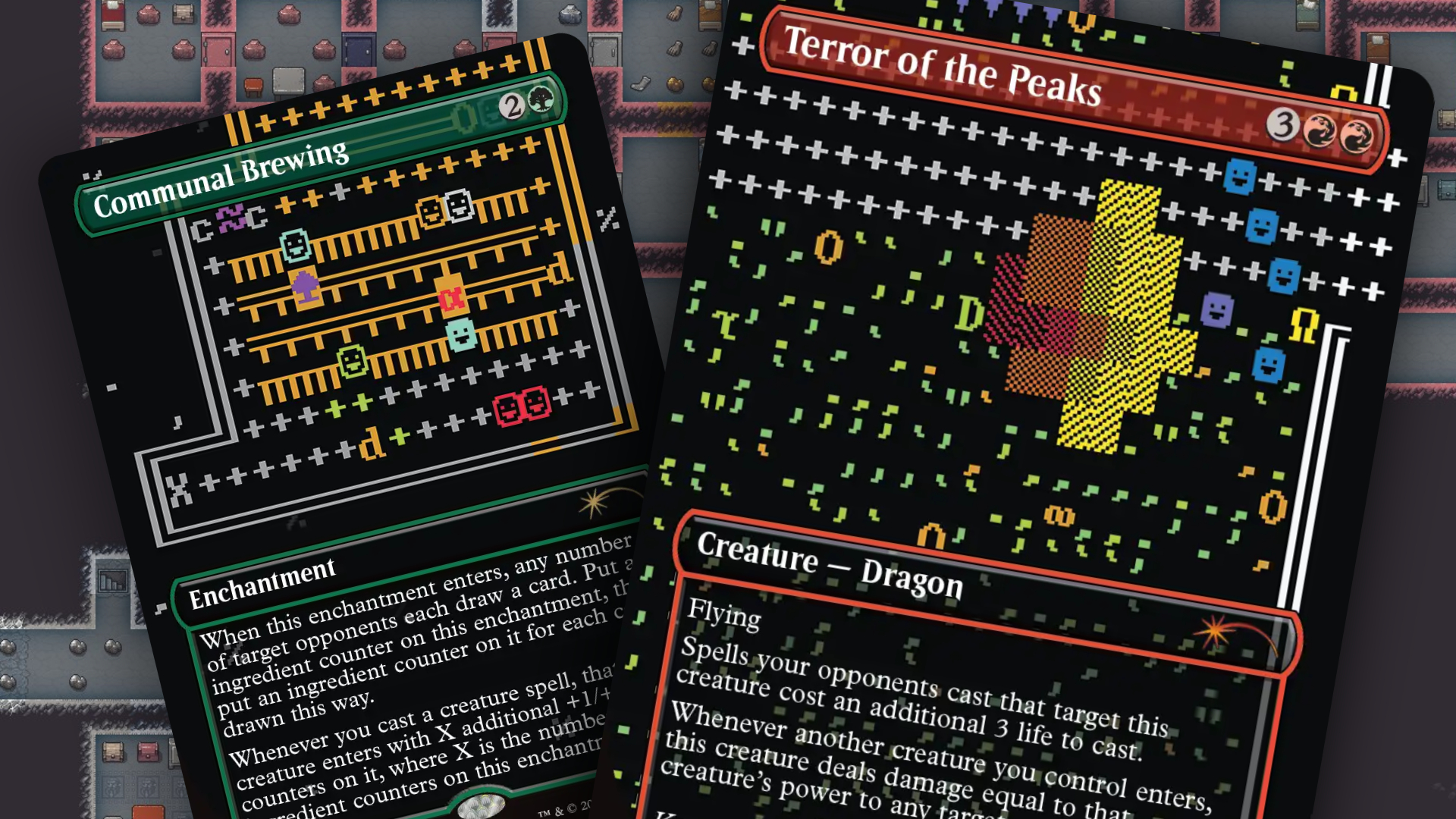 A pair of cards from the Secret Lair x Dwarf Fortress: Create New World set against a screenshot from Dwarf Fortress.