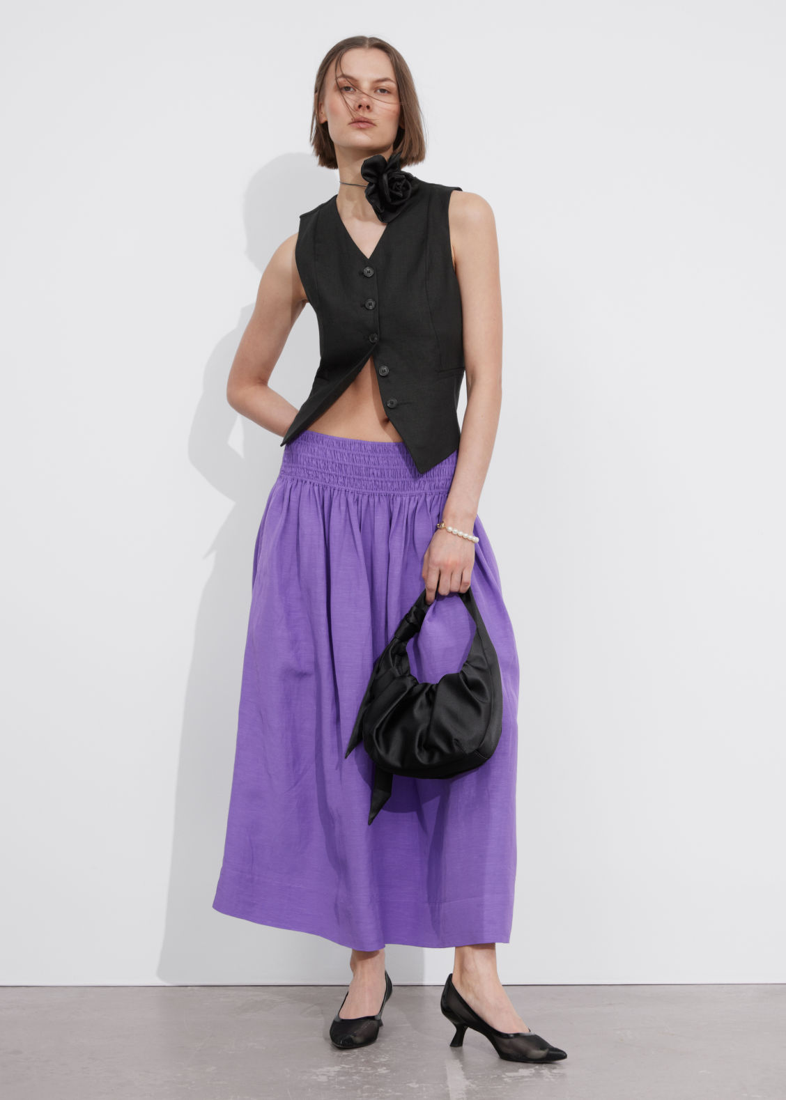 Smock-Waist A-Line Midi Skirt in purple