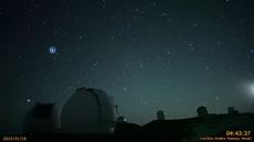 A shot of the spiral-shaped light in the sky above Hawaii captured Jan. 18 by the Subaru-Asahi Star Camera on Mauna Kea. 