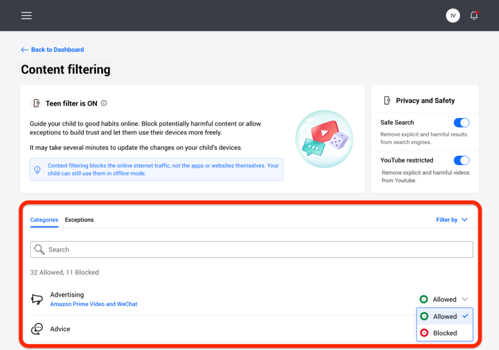 Bitdefender parental control dashboard