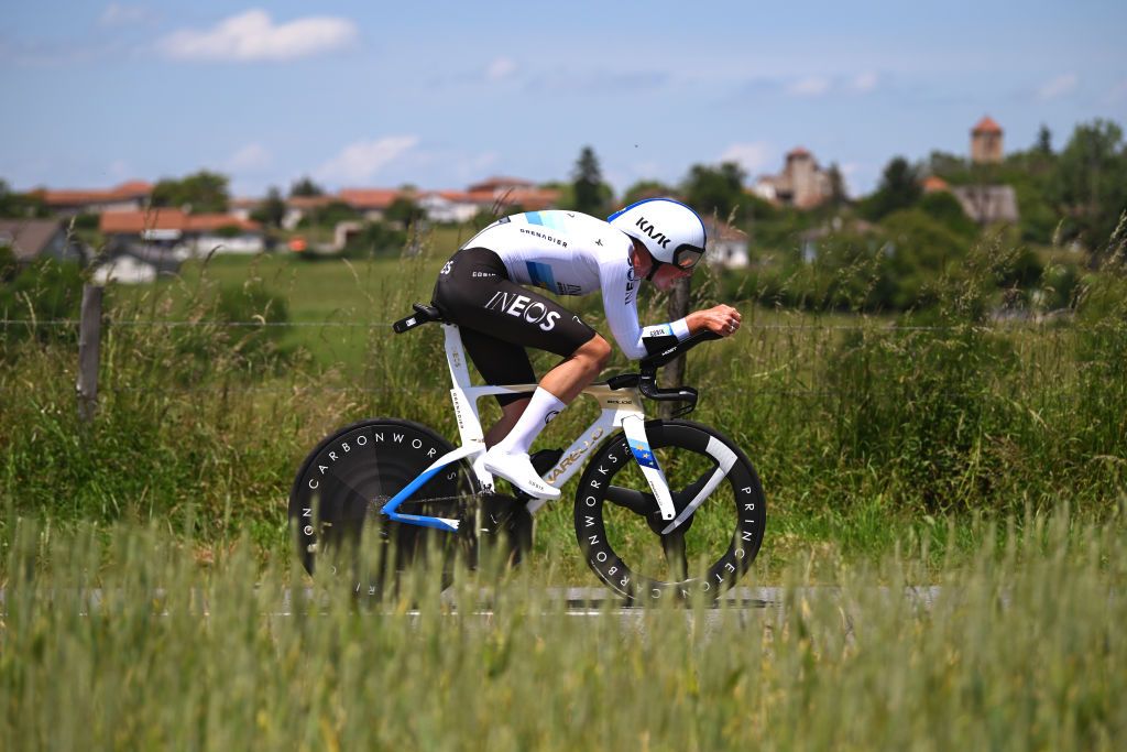NEULISE FRANCE JUNE 05 Joshua Tarling of The United Kingdom and Team INEOS Grenadiers sprints during the 76th Criterium du Dauphine 2024 Stage 4 a 344km individual time trial at stage from SaintGermainLaval to Neulise 552m UCIWT on June 05 2024 in Neulise France Photo by Dario BelingheriGetty Images
