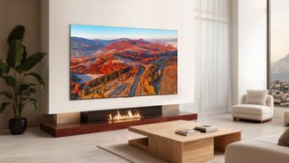 TCL C8L wall-mounted in a large living room.