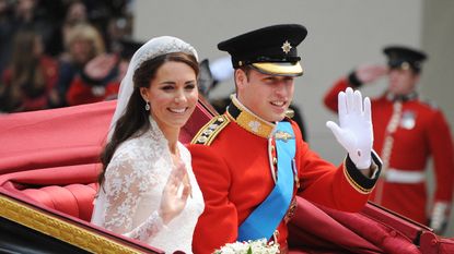 Prince William, Duke of Cambridge and Catherine, Duchess of Cambridge depart Westminster Abbey after there marriage on April 29, 2011 in London, England