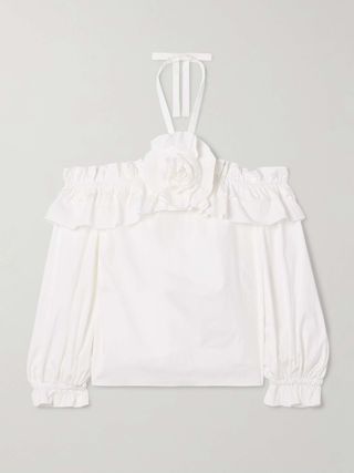 Off-The-Shoulder Ruffled Appliquéd Cotton-Blend Poplin Halterneck Blouse