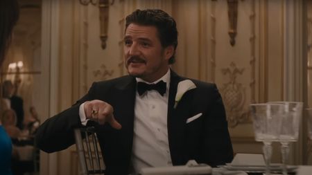 Pedro Pascal in a tux in the Materialists 