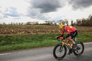 Uno-X Mobility's Norwegian rider Jonas Abrahamsen cycles during the 2nd stage of the Paris-Nice cycling race, 183,9 km between Montesson and Bellegarde, on March 10, 2025. (Photo by Anne-Christine POUJOULAT / AFP)