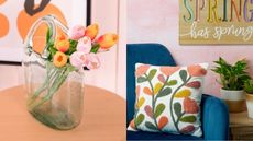 Colorful tulips in a vase and a floral cushion on a chair
