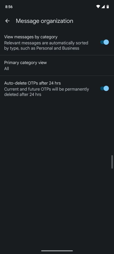 Google Messages SMS category feature in Settings