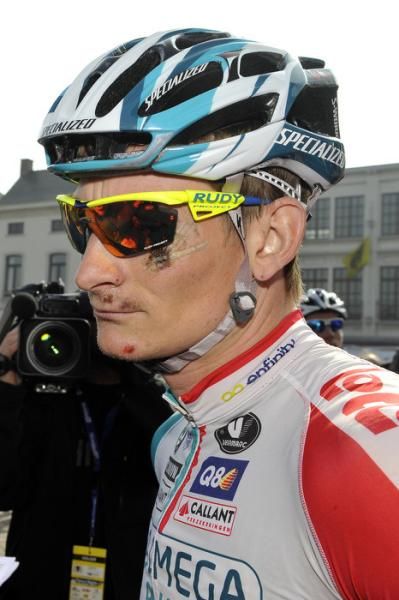 Andre Greipel (Omega Pharma-Lotto) still showing the effects of a crash in Italy.