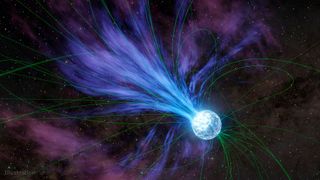 An illustration of a blueish white orb with a jet of material coming out to the left of it. There are lots of green thin lines representing magnetic field lines.