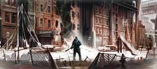 A piece of interior art from Fallout: The Roleplaying Game. A vault dweller surveys a ruined cityscape.