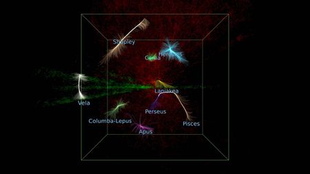 Blobs of light on a black background, corresponding to superclusters of galaxies in space