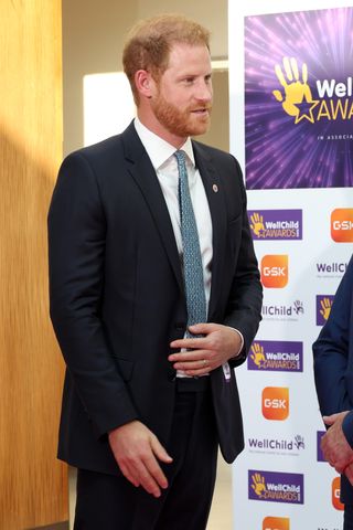 Prince Harry wearing a suit and tie and talking to a man at the WellChild Awards