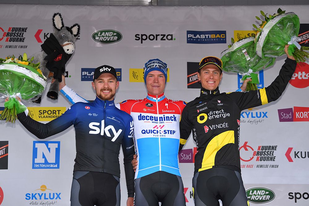 Bob Jungels (Deceuninck-QuickStep) tops the podium at Kuurne-Brussel-Kuurne