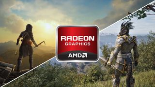AMD Radeon graphics logo with Assassin's Creed Shadows and The Elder Scrolls IV: Oblivion Remastered screenshots
