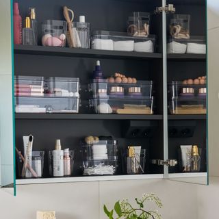 Organised makeup in acrylic storage boxes in cabinet