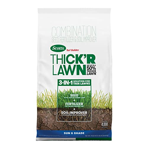 Scotts Turf Builder Thick'r Lawn Sun &amp;amp; Shade, 40 Lbs. | Combination Grass Seed, Lawn Fertilizer and Soil Improver, Thickens Thin Grass, Covers 4,000 Sq. Ft.