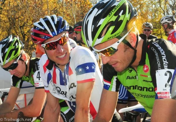 Jeremy Powers (Rapha Focus) having some laughs with Ryan Trebon at the start