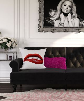 black sofa and graphic cushions with paris hilton print