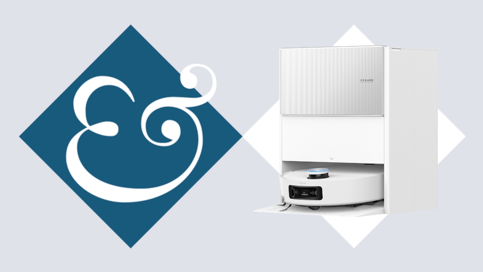 Dreame Aqua10 Roller in cleaning station on tile background next to Homes &amp; Gardens '&amp;' symbol.