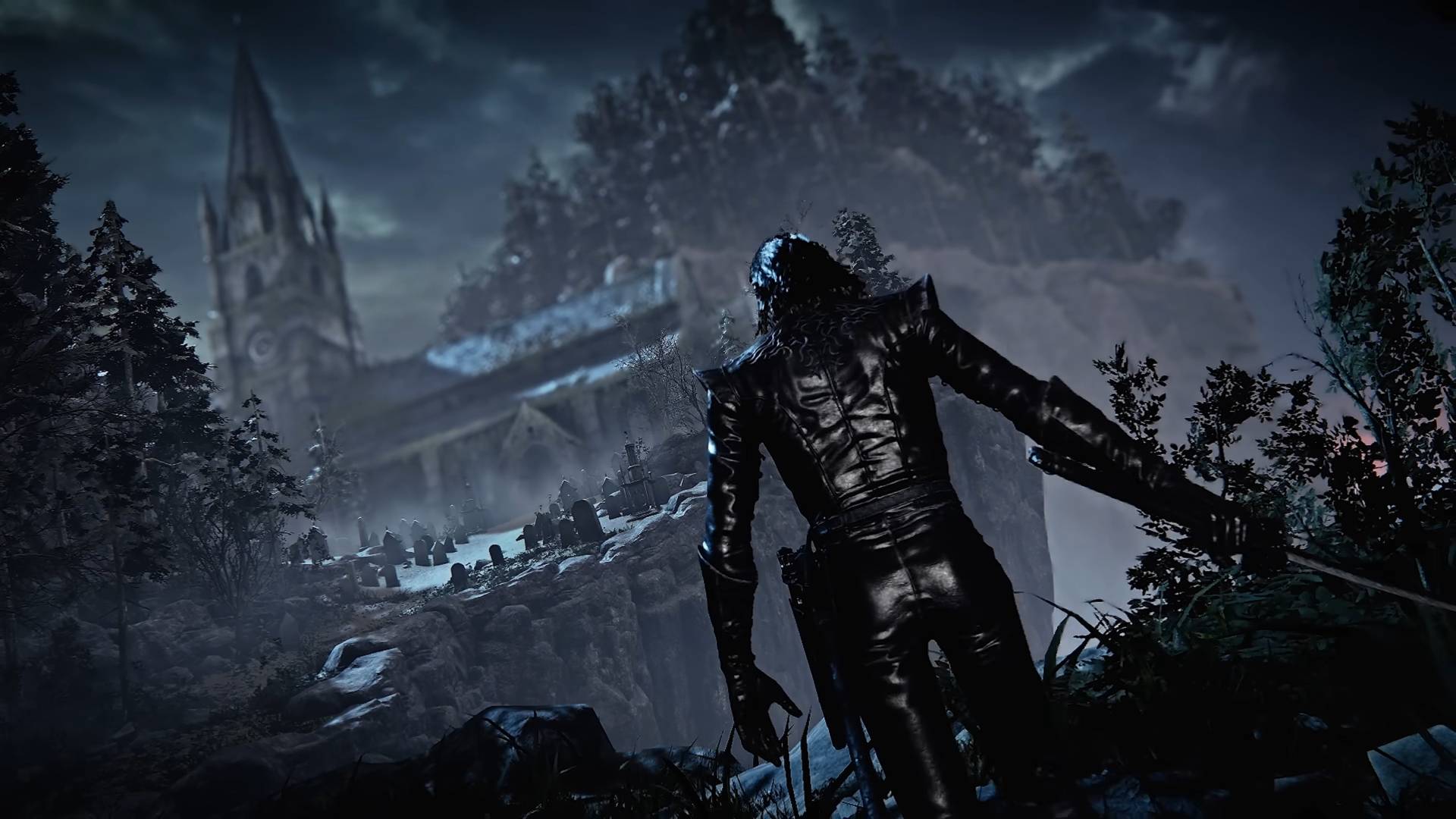 The Duskbloods man in black leather outfit with a curved sword drawn walking towards a church