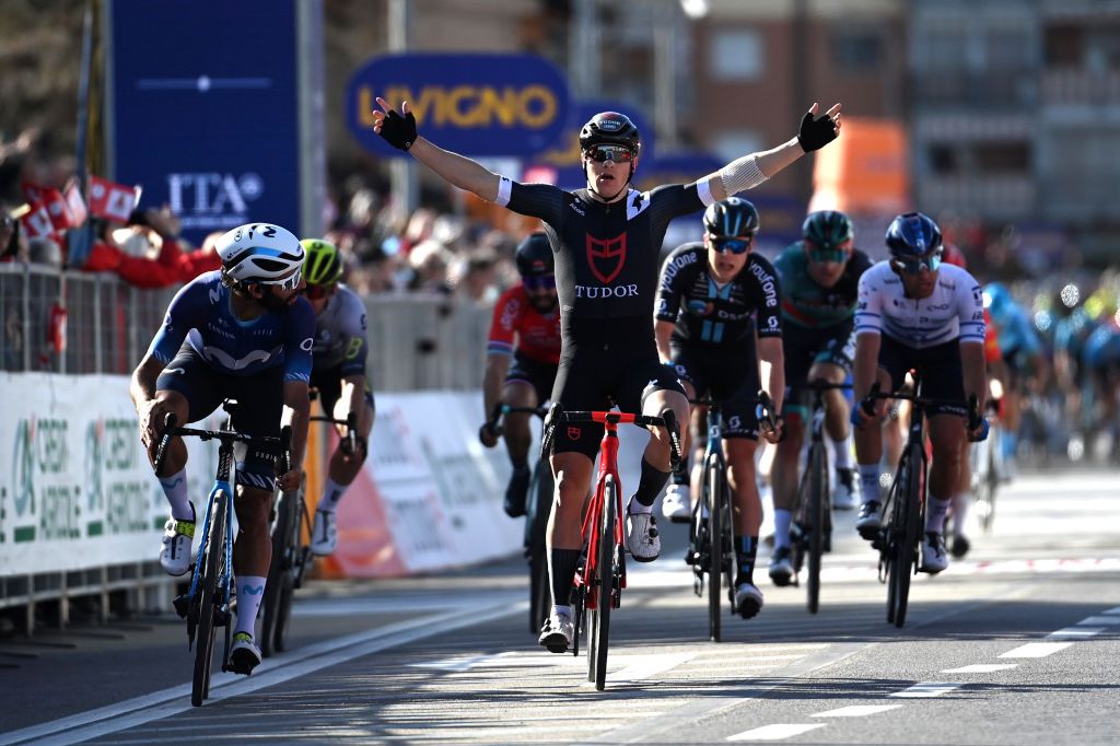 ORBASSANO ITALY MARCH 15 Arvid De Kleijn of The Netherlands and Tudor Pro Cycling Team celebrates at finish line as race winner ahead of Fernando Gaviria of Colombia and Movistar Team L during the 104th MilanoTorino 2023 a 192km one day race from Rho to Orbassano MilanoTorino on March 15 2023 in Orbassano Italy Photo by Tim de WaeleGetty Images