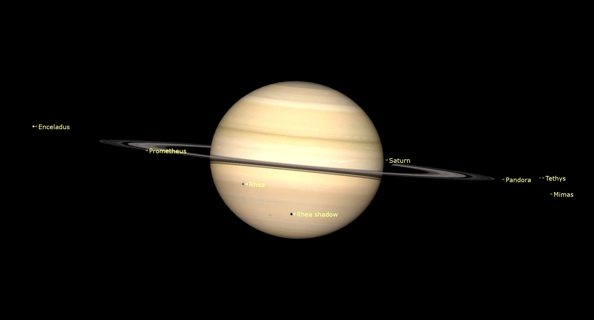 A gassy giant saturn cuts the image in half with its rings. Shadows of transiting moon Rhea is cast on the lower hemisphere, with Enceladus and Prometheus labeled on the left, and Pandora, Tethys and Mimas on the right.