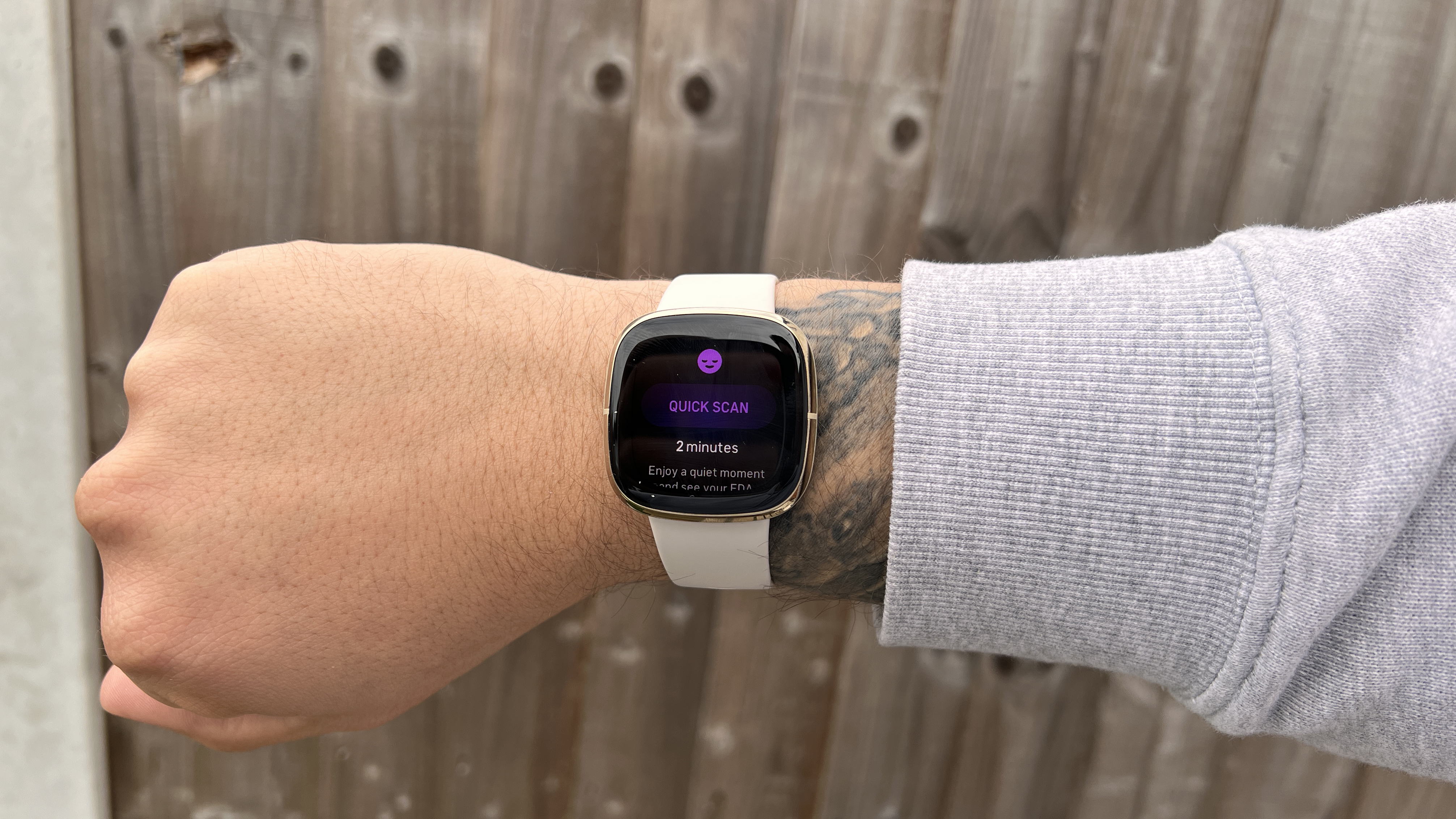 Fitbit Sense worn on a wrist with fence in background