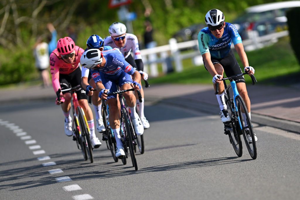 OVERIJSE BELGIUM APRIL 10 LR Quinten Hermans of Belgium and Team Alpecin Deceuninck and Benoit Cosnefroy of France and Decathlon AG2R La Mondiale Team compete in the breakaway during the 64th De Brabantse Pijl La Fleche Brabanconne 2024 Mens Elite a 1952km one day race from Leuven to Overijse on April 10 2024 in Overijse Belgium Photo by Luc ClaessenGetty Images