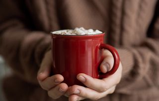 A person holding a red cup of hot chocolate with mini marshmallows in.