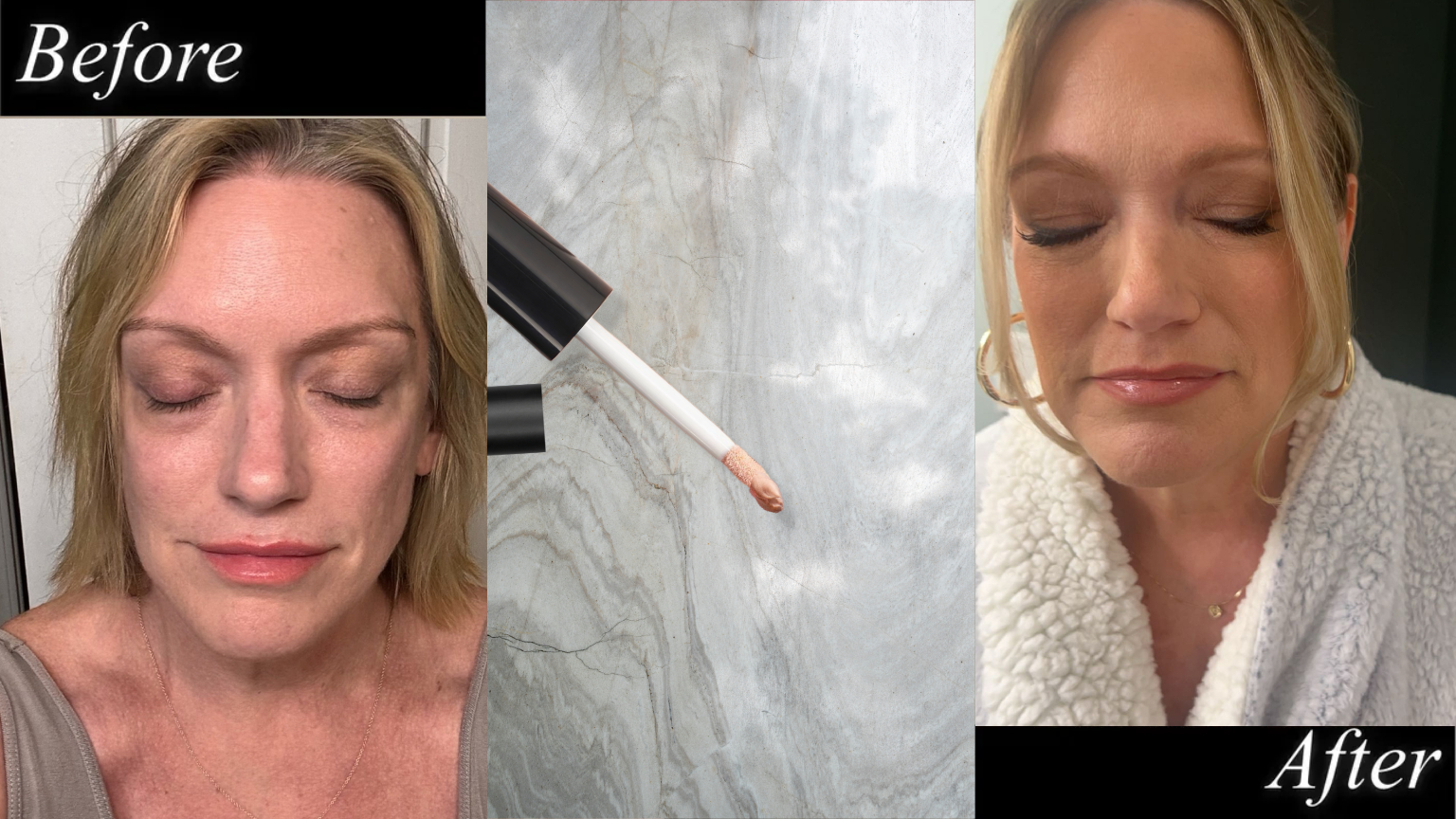 Mature woman with blonde hair eye makeup to her lids she wears a fuzzy robe and big gold earrings.